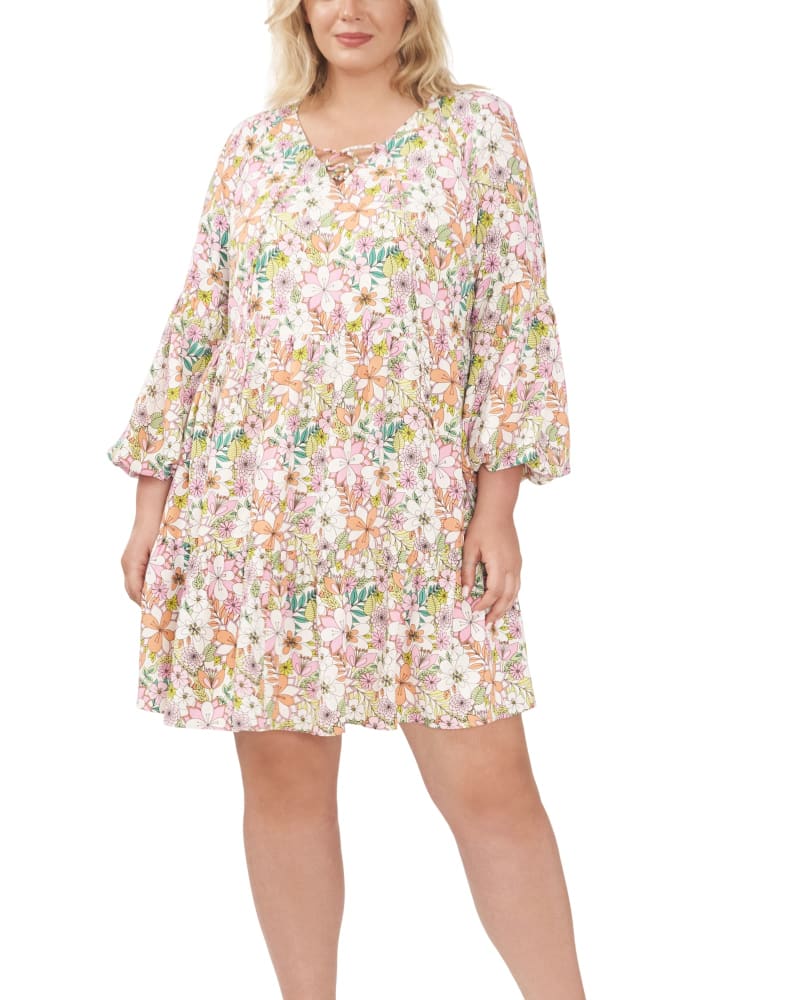 Front of a model wearing a size 1X Emily Balloon Sleeve Tiered Dress in SWEET PINK by CeCe. | dia_product_style_image_id:263905